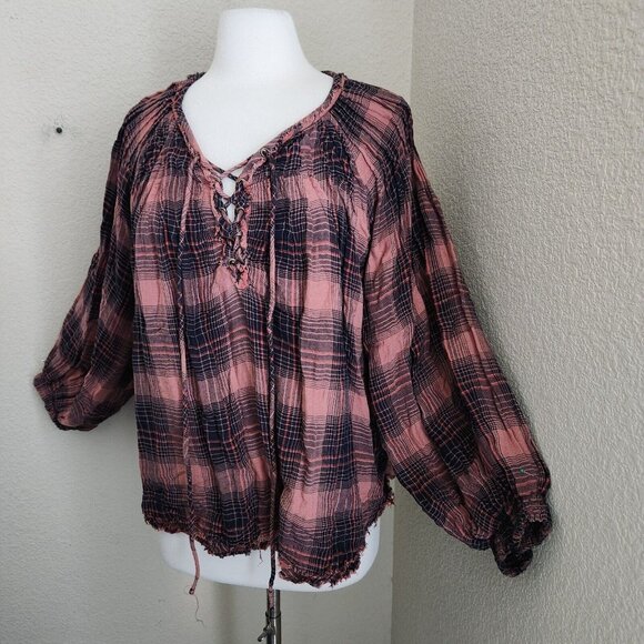 Free People Cloudbreaker Plaid Tunic Oversized Lace Up Pullover Small Balloon‎ - Picture 2 of 14
